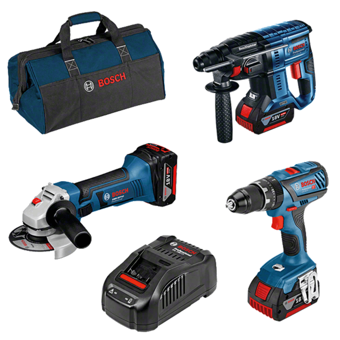 BOSCH - 0615990M0U Set tassellatore, smerigliatrice e avvitatore 18V + 3 batterie 4,0 Ah